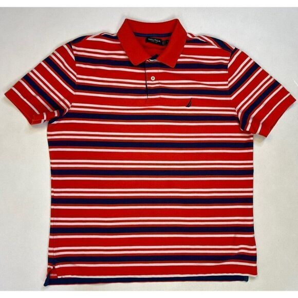 Nautica Polo Shirt Men Large Orange Blue White Striped Short Sleeve - Picture 1 of 5